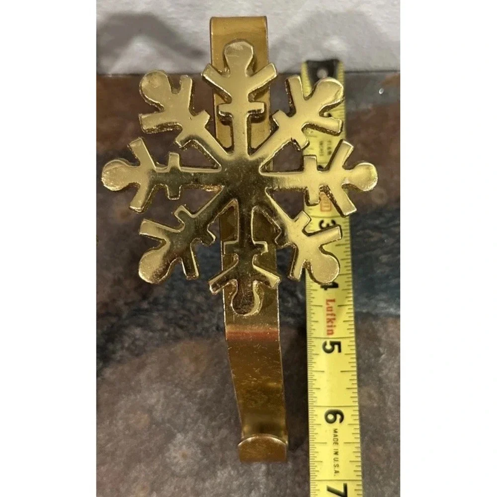 Brass Snowflake Christmas Stocking Holders Mantel Hooks Set of 2 Gold Tone